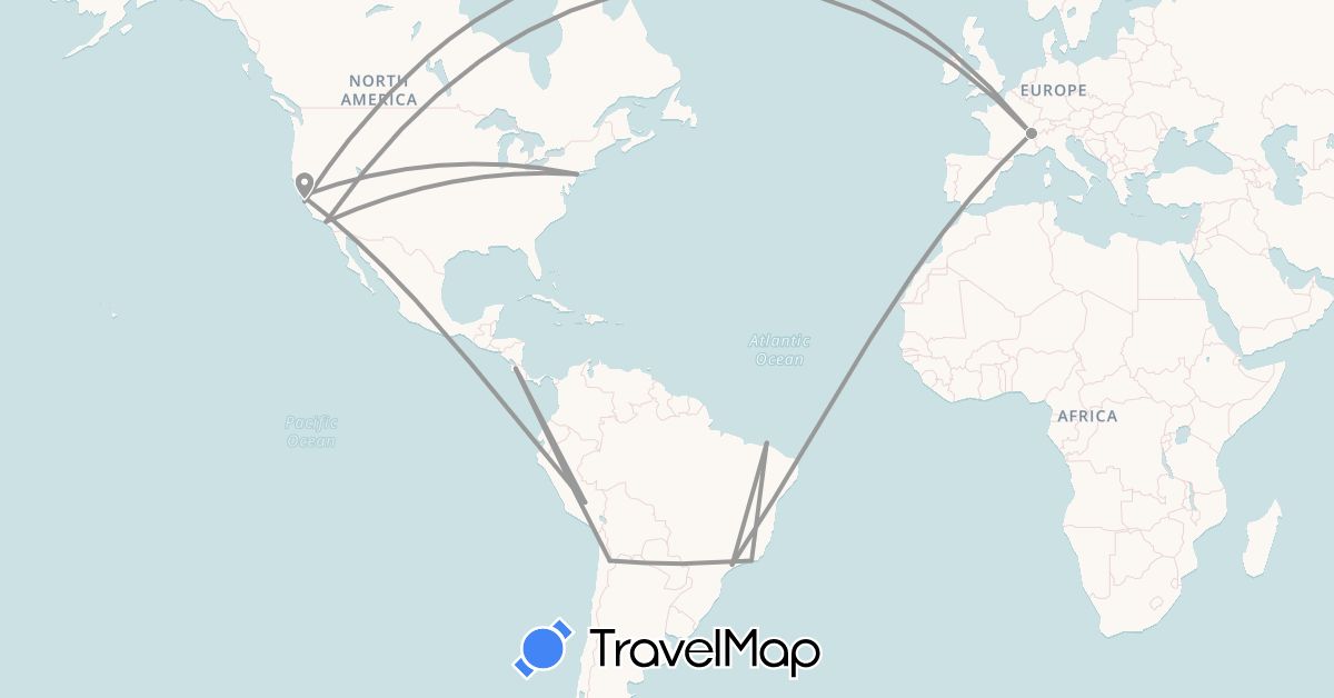 TravelMap itinerary: plane in Brazil, Chile, Costa Rica, France, Peru, United States (Europe, North America, South America)